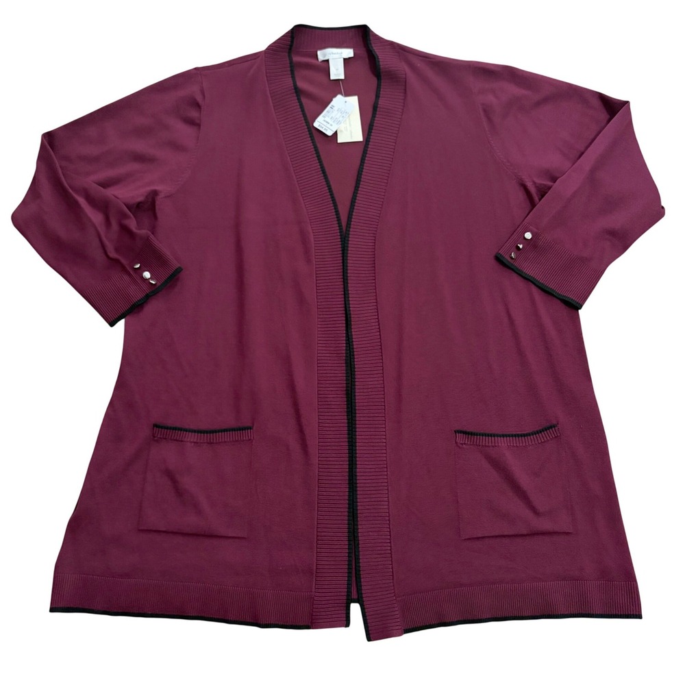 NEW CJ Banks Open Front Cardigan Sweater 3X Burgundy 3/4 Sleeve Casual Office